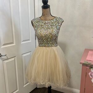 Gold Prom, Formal, Homecoming Dress, Beaded, Tulle, open back, size 4